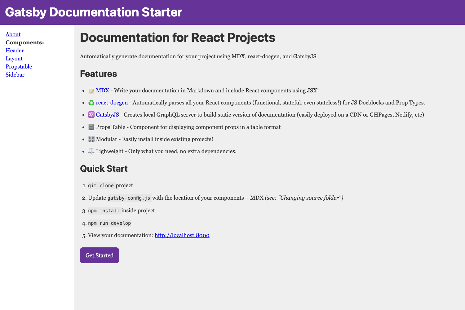 Screenshot of Gatsby Documentation Starter