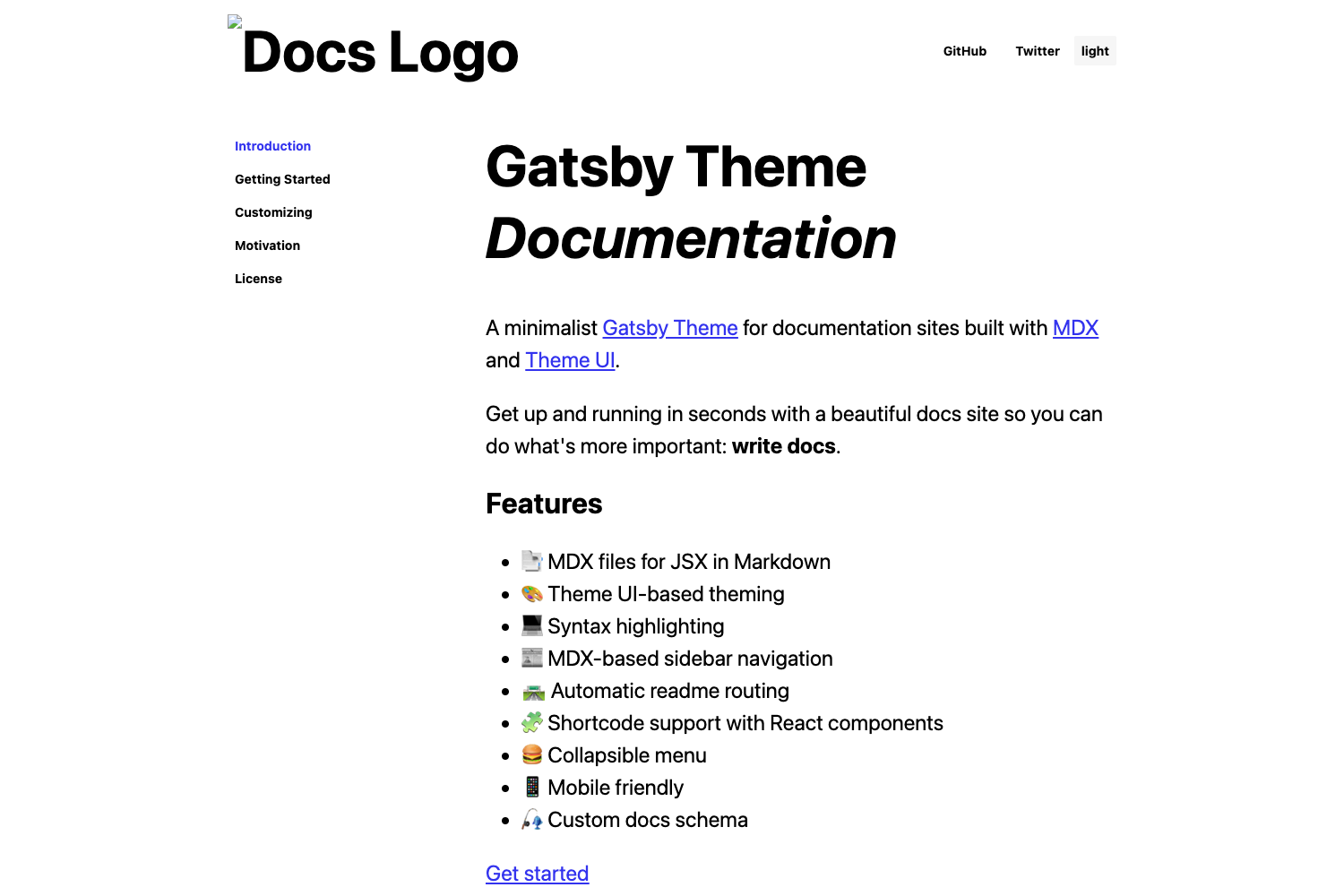 Screenshot of Gatsby Theme Documentation