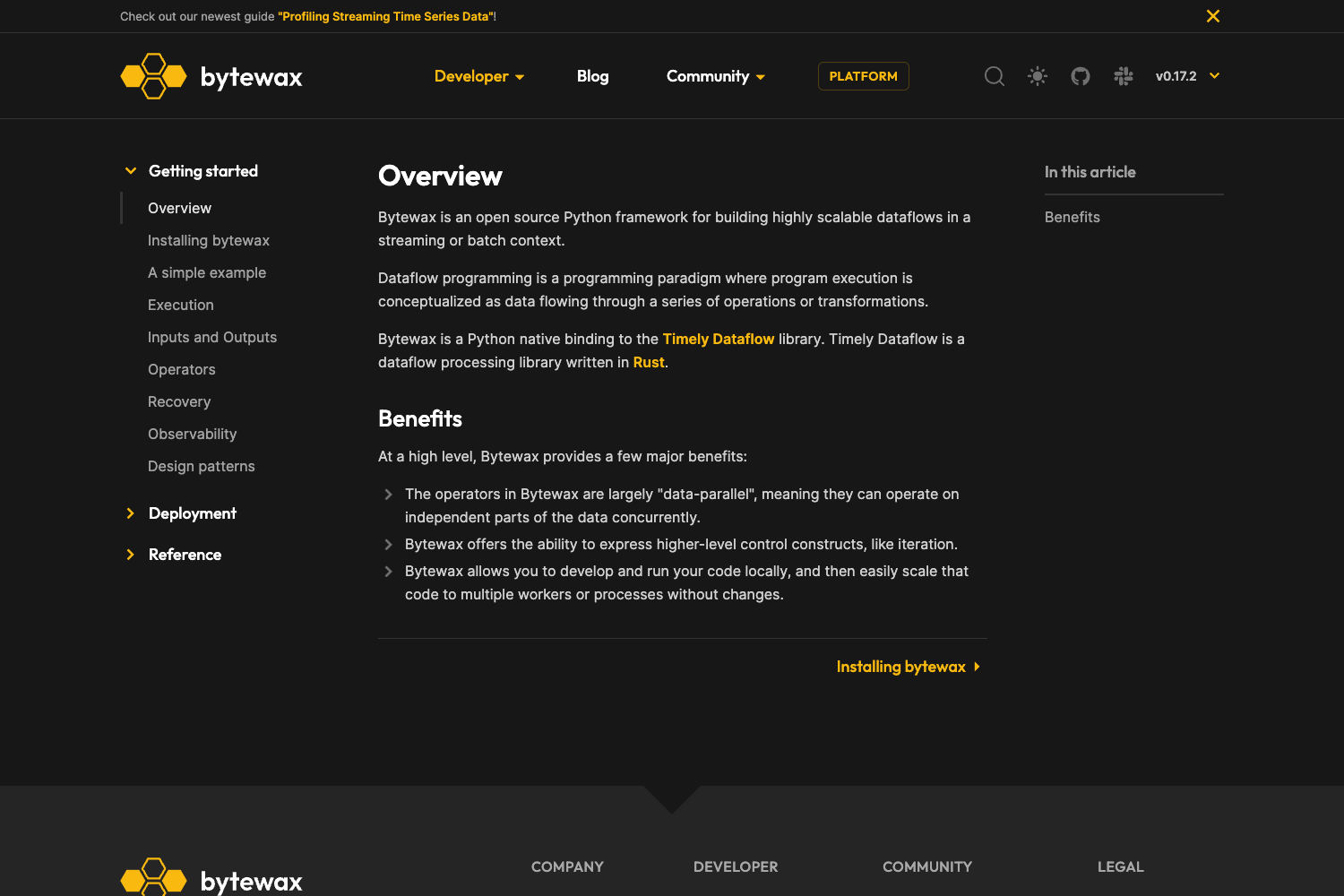 Screenshot of Bytewax Docs
